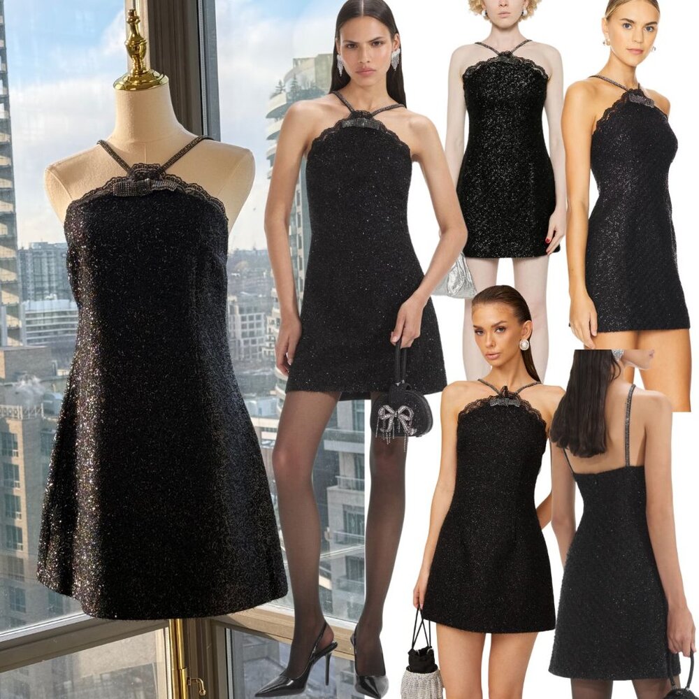 🆕 SELF-PORTRAIT 🧿 NWOT Black Tinsel Boucle Halter Mini Dress, Sz UK 12 US 8